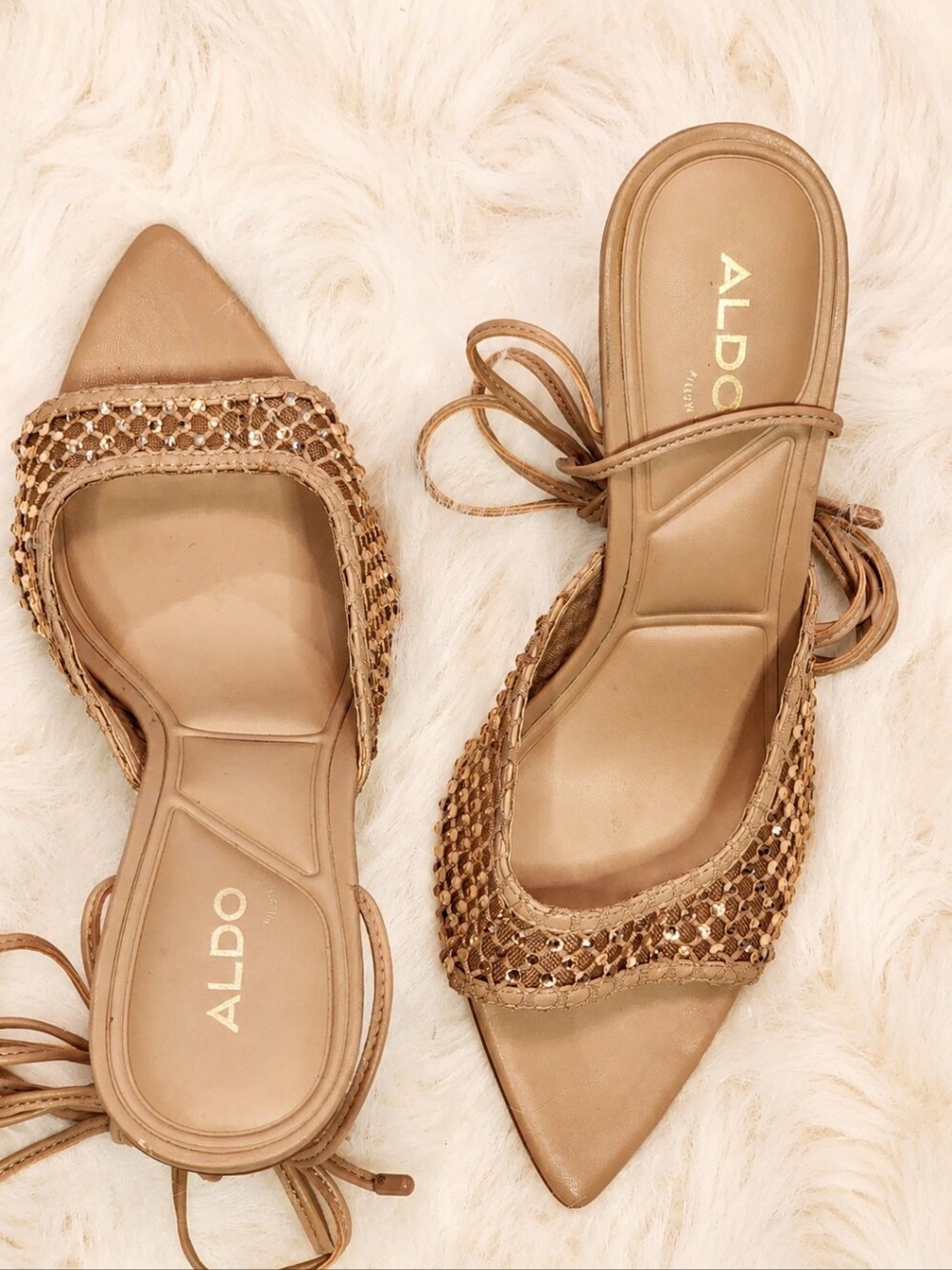 ALDO Pillow Walk Nude Rhinestone Wrap Around Tie Up Heels Size 8